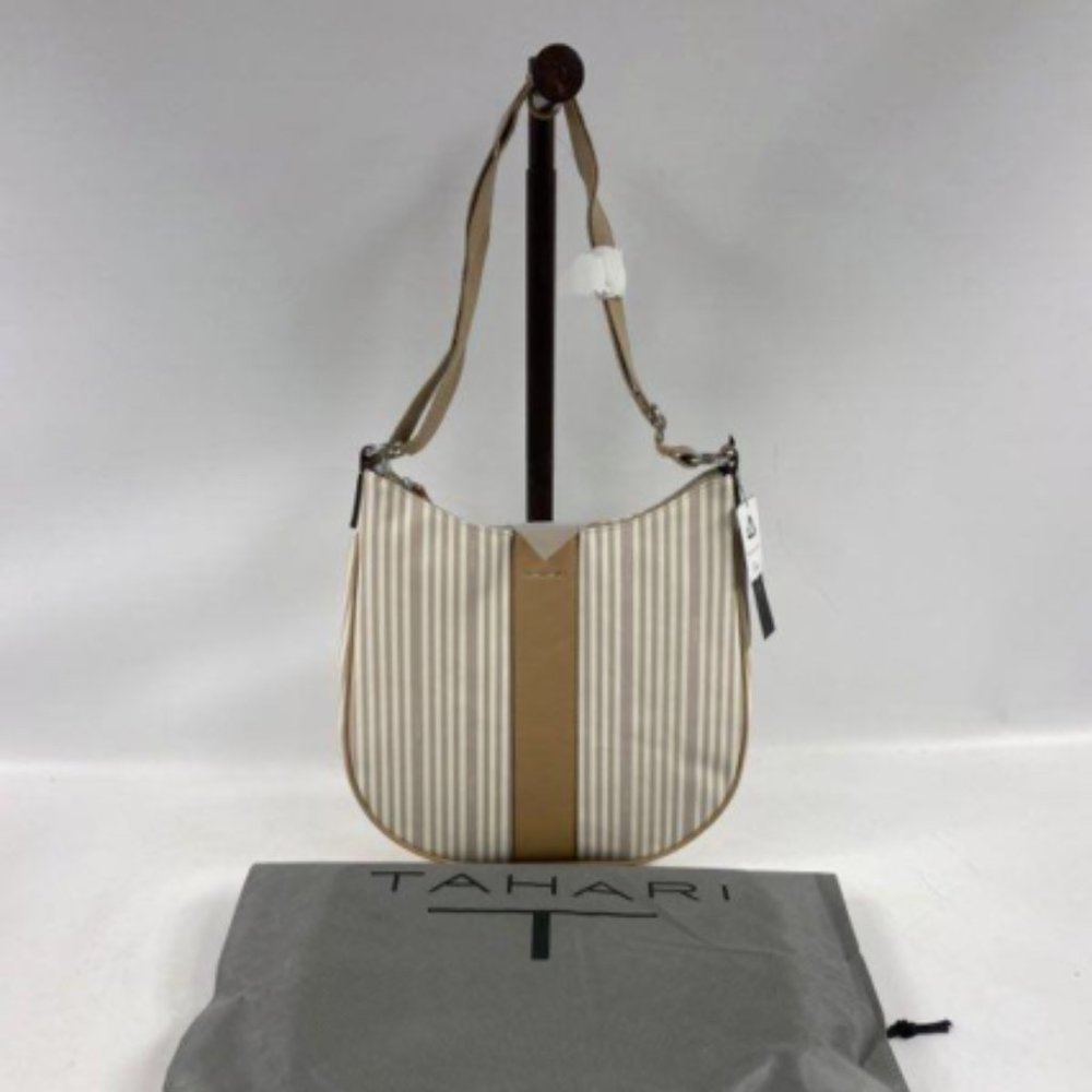 Tahari Womens Sand/Gray Striped Vegan Leather Double Handle Satchel Tote Handbag